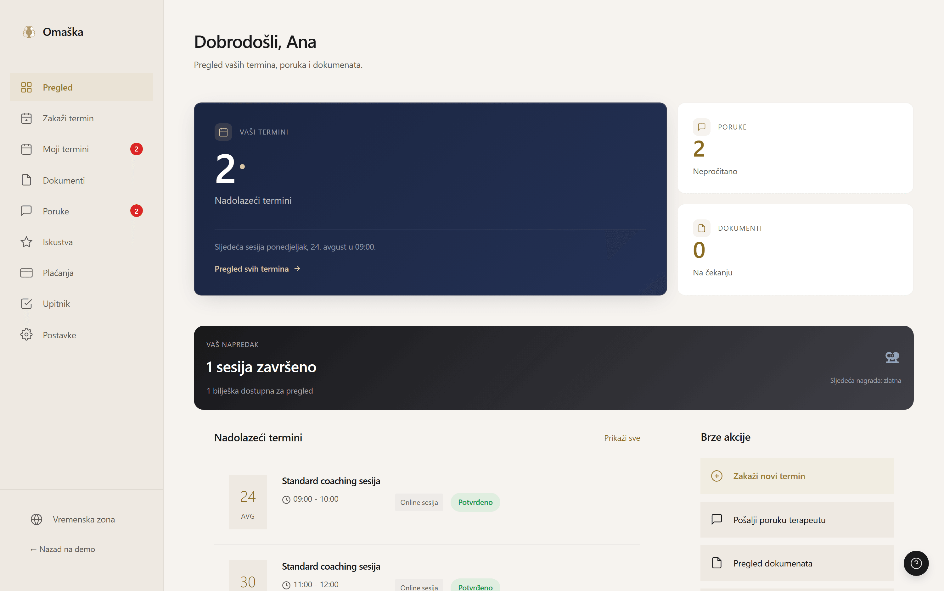 Klijentski portal Omaške sa nadolazećim terminima, porukama i dokumentima